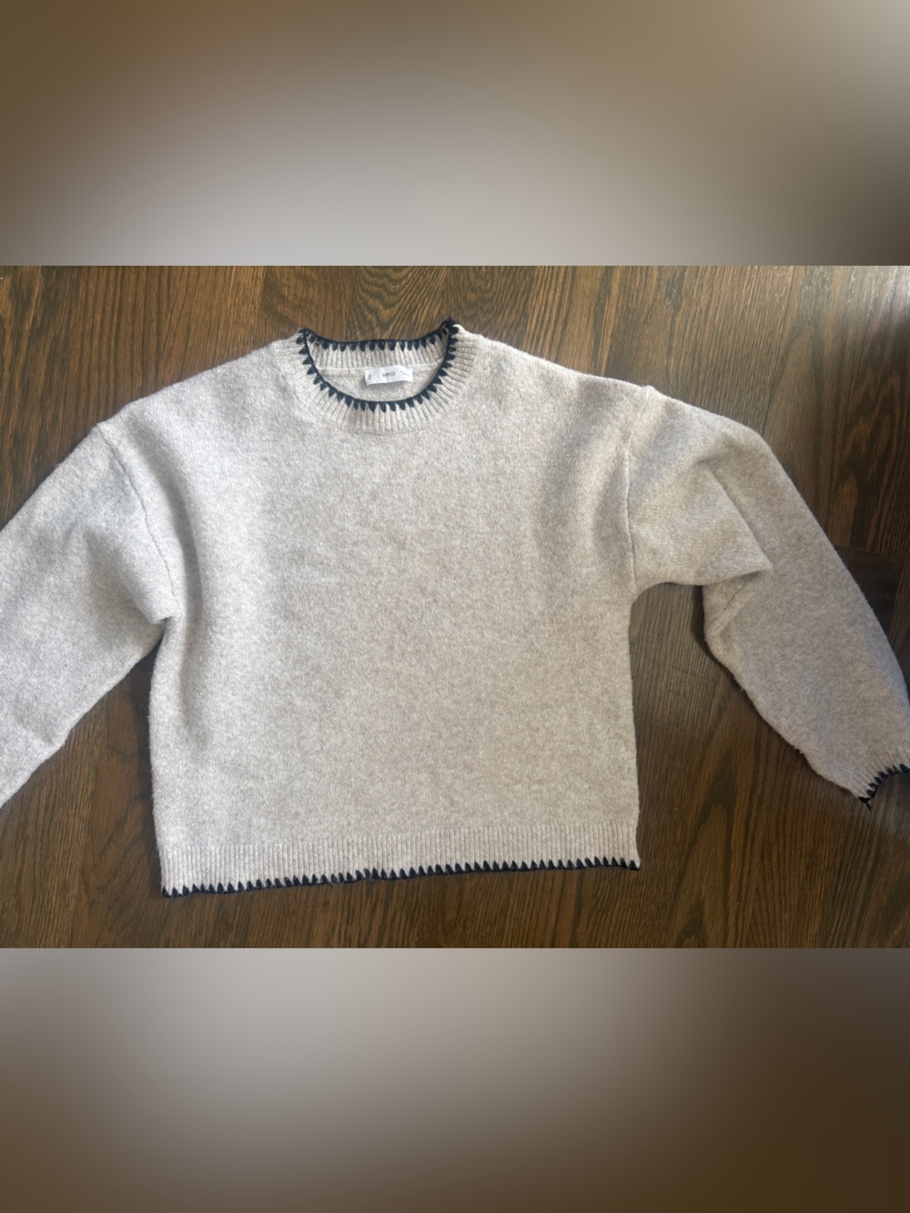 Mango Light Cream Crewneck Sweater with Black Contrast Trim